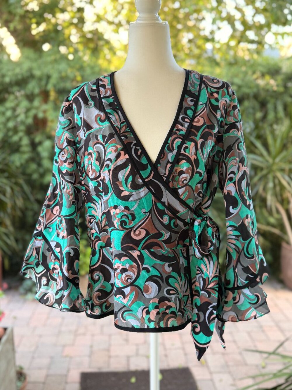 Nanette Lepore 100% Silk Wrap Blouse – Turquoise Multi – Size 10 – NWT